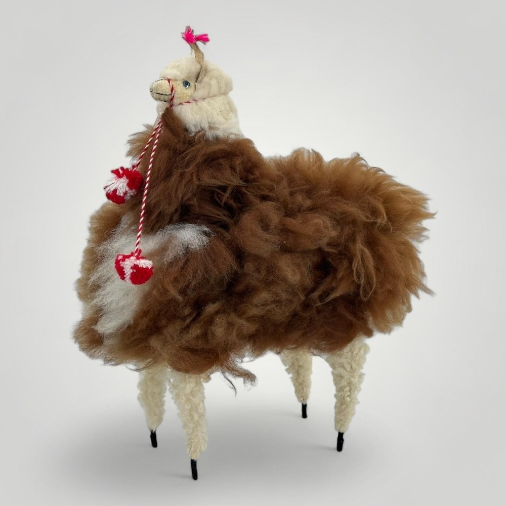 Handmade Alpaca Wool Llama Figurine Brown White Peruvian Style 15.5in x 14in